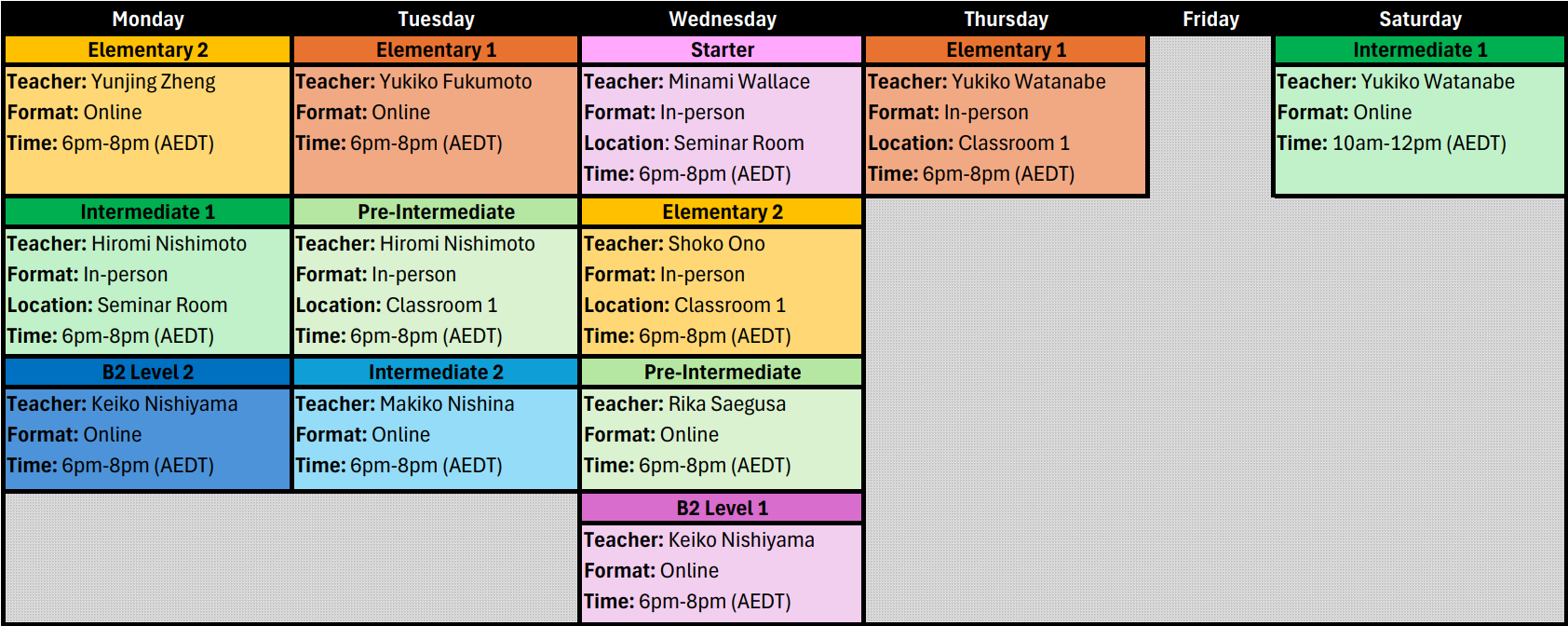 Class Schedule (Aug 2025)